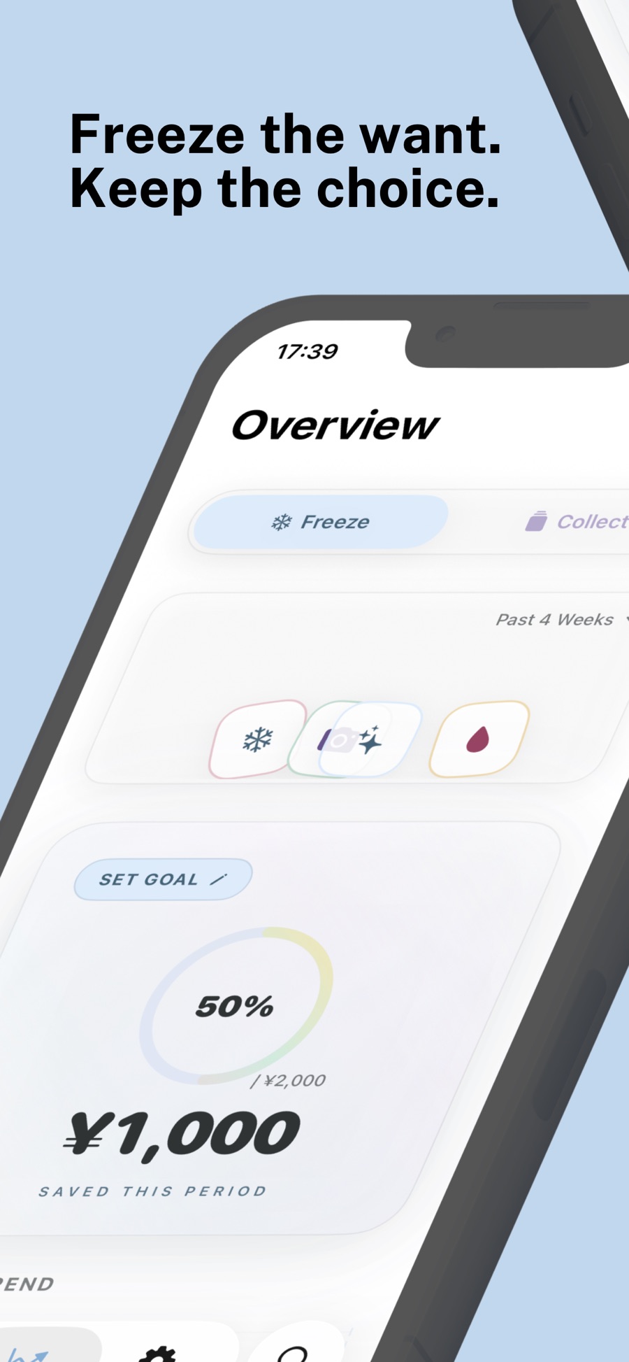 Freezin's official App Store screenshot showing the Freeze overview and a savings goal